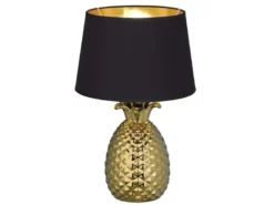 LED Tischleuchte Keramik Ananas Gold mit Stoffschirm Schwarz Gold, Höhe 43cm