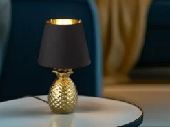 LED Tischleuchte Keramik Ananas Gold mit Stoffschirm Schwarz Gold, Höhe 35cm