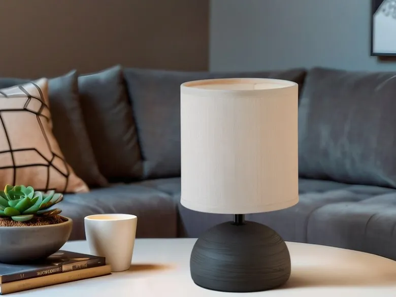 LED Tischleuchte Keramik Braun runder Stofflampenschirm Weiß, Höhe 23cm