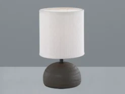 LED Tischleuchte Keramik Braun runder Stofflampenschirm Weiß, Höhe 23cm