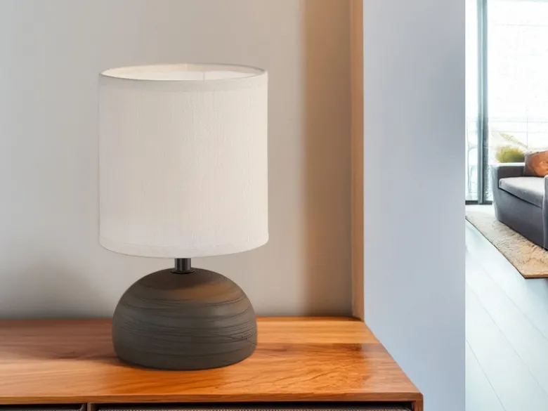 LED Tischleuchte Keramik Braun runder Stofflampenschirm Weiß, Höhe 23cm