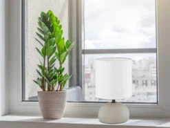LED Tischleuchte Keramik Cappucino runder Stofflampenschirm Weiß, Höhe 23cm