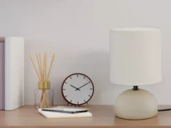 LED Tischleuchte Keramik Cappucino runder Stofflampenschirm Weiß, Höhe 23cm