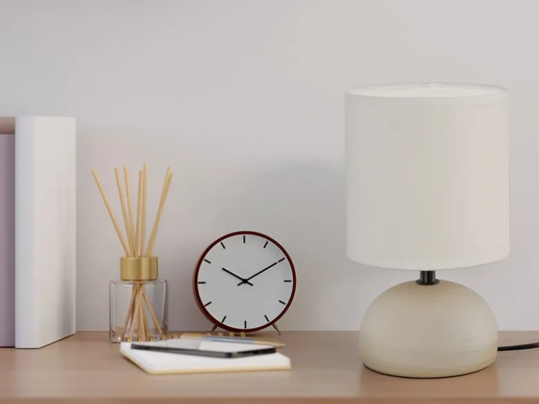 LED Tischleuchte Keramik Cappucino runder Stofflampenschirm Weiß, Höhe 23cm