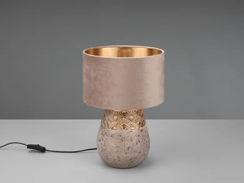 LED Tischleuchte Keramikfuß Grau mit Samtschirm Beige Gold, Höhe 38cm