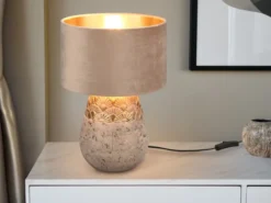 LED Tischleuchte Keramikfuß Grau mit Samtschirm Beige Gold, Höhe 38cm