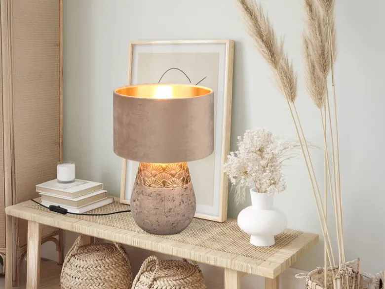 LED Tischleuchte Keramikfuß Grau mit Samtschirm Beige Gold, Höhe 38cm