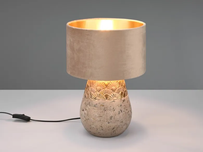 LED Tischleuchte Keramikfuß Grau mit Samtschirm Beige Gold, Höhe 38cm