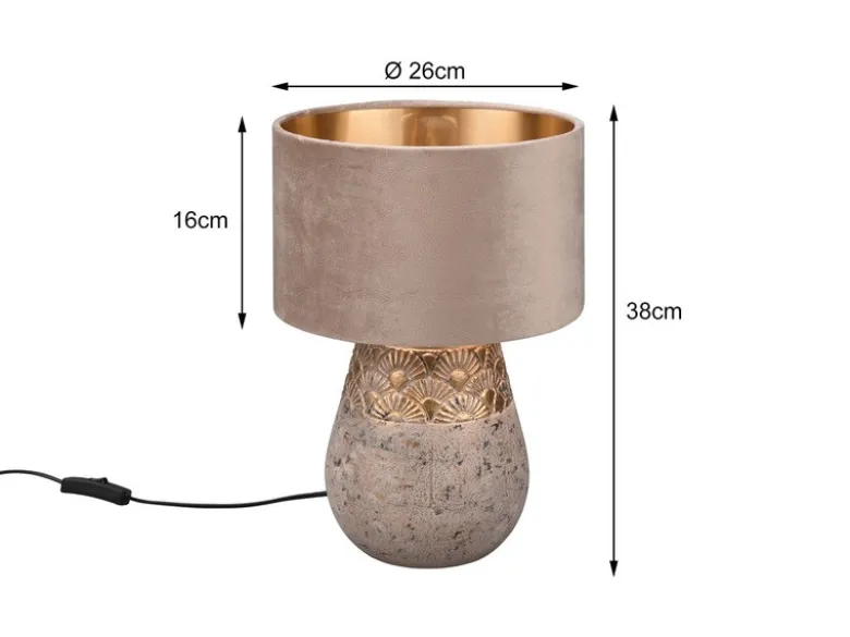 LED Tischleuchte Keramikfuß Grau mit Samtschirm Beige Gold, Höhe 38cm