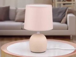 LED Tischleuchte Keramikfuß & Stoffschirm Beige, Höhe 26cm