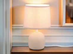 LED Tischleuchte Keramikfuß & Stoffschirm Beige, Höhe 26cm
