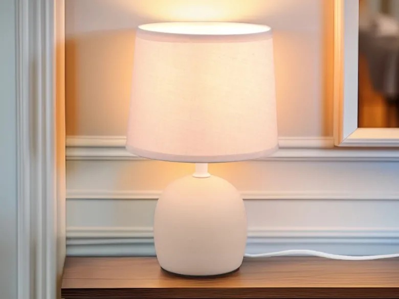 LED Tischleuchte Keramikfuß & Stoffschirm Beige, Höhe 26cm