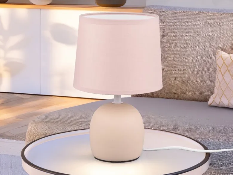 LED Tischleuchte Keramikfuß & Stoffschirm Beige, Höhe 26cm
