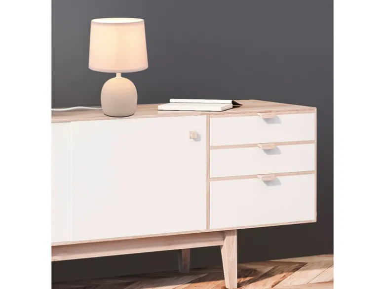 LED Tischleuchte Keramikfuß & Stoffschirm Beige, Höhe 26cm