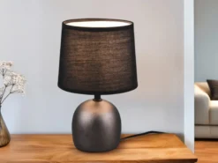 LED Tischleuchte Keramikfuß Silber & Stoffschirm Schwarz, Höhe 26cm