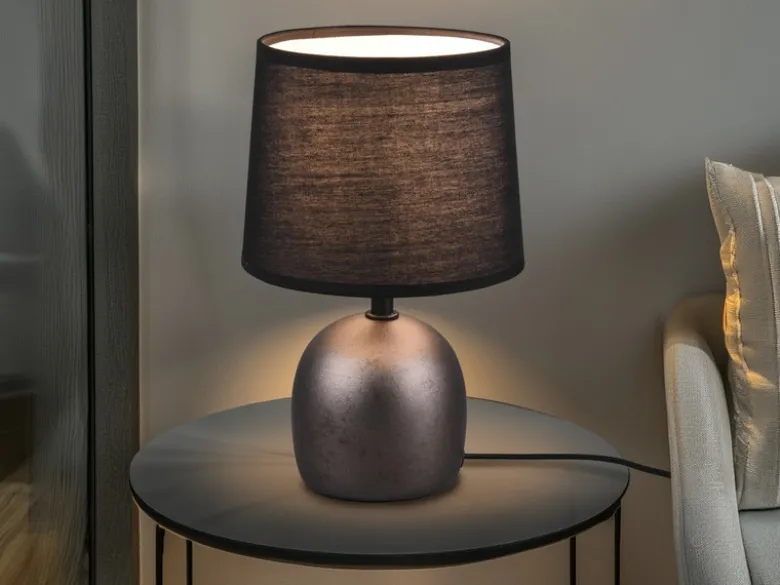 LED Tischleuchte Keramikfuß Silber & Stoffschirm Schwarz, Höhe 26cm