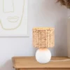 LED Tischleuchte Keramikfuß Weiß mit Seegras Lampenschirm, Höhe 29cm