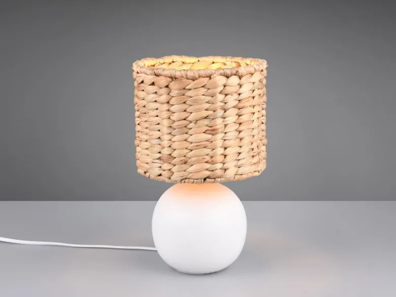 LED Tischleuchte Keramikfuß Weiß mit Seegras Lampenschirm, Höhe 29cm