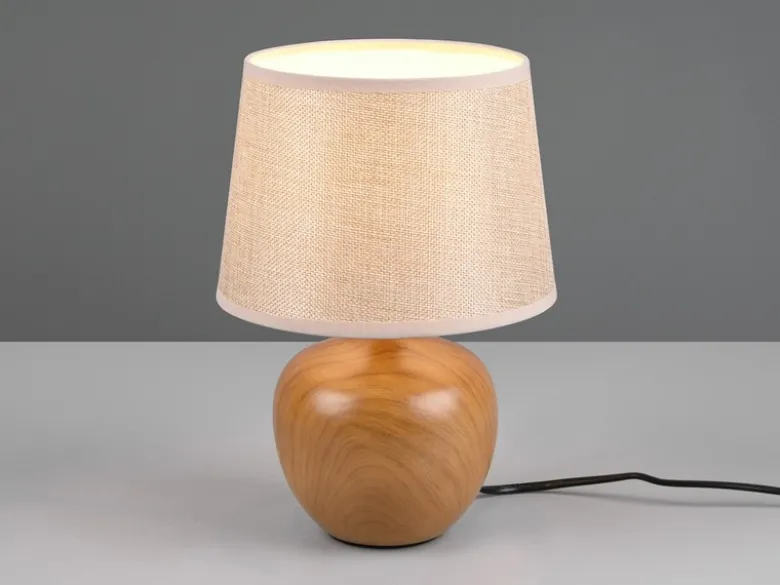 LED Tischleuchte Keramik in Holzoptik mit Stoffschirm Beige, Höhe 26cm