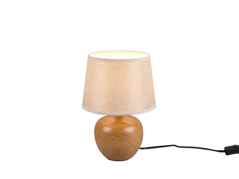 LED Tischleuchte Keramik in Holzoptik mit Stoffschirm Beige, Höhe 26cm