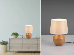 LED Tischleuchte Keramik in Holzoptik mit Stoffschirm Beige, Höhe 26cm