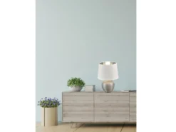 LED Tischleuchte Keramik mit Stoffschirm Weiß innen Silber, Höhe 26cm