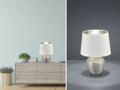 LED Tischleuchte Keramik mit Stoffschirm Weiß innen Silber, Höhe 26cm