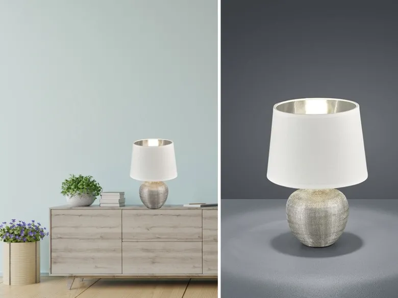 LED Tischleuchte Keramik mit Stoffschirm Weiß innen Silber, Höhe 26cm