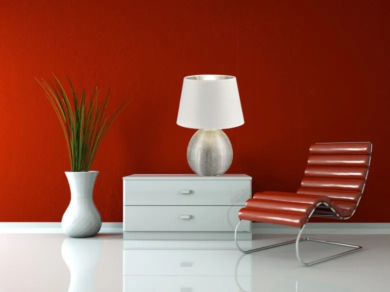 LED Tischleuchte Keramik mit Stoffschirm Weiß innen Silber, Höhe 35cm