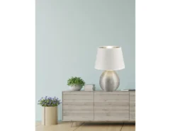 LED Tischleuchte Keramik mit Stoffschirm Weiß innen Silber, Höhe 35cm