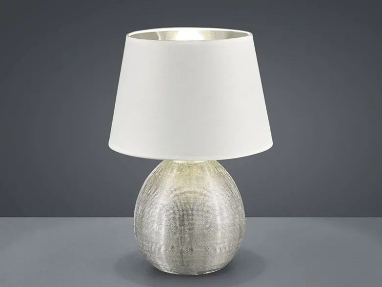 LED Tischleuchte Keramik mit Stoffschirm Weiß innen Silber, Höhe 35cm