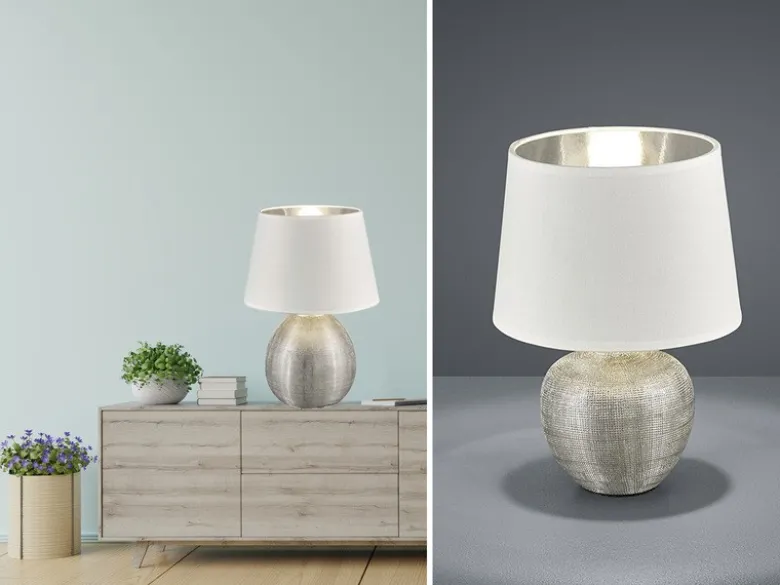 LED Tischleuchte Keramik mit Stoffschirm Weiß innen Silber, Höhe 35cm