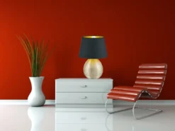 LED Tischleuchte Keramik mit Stoffschirm Schwarz innen Gold, Höhe 35cm