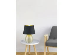 LED Tischleuchte Keramik mit Stoffschirm Schwarz innen Gold, Höhe 35cm