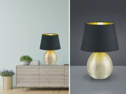LED Tischleuchte Keramik mit Stoffschirm Schwarz innen Gold, Höhe 35cm
