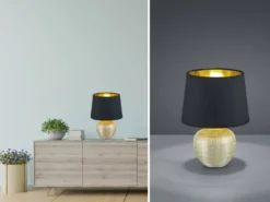 LED Tischleuchte Keramik mit Stoffschirm Schwarz innen Gold, Höhe 26cm