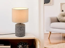 LED Tischleuchte Keramik mit Stoffschirm in Beige, Höhe 26cm