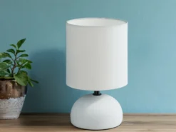 LED Tischleuchte Keramik Weiß runder Stofflampenschirm in Weiß, Höhe 23cm