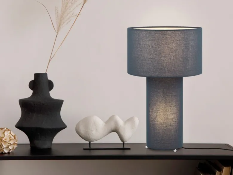 LED Tischleuchte Korpus und Lampenschirm Stoff Blau, Höhe 40cm