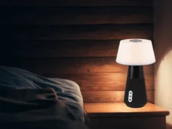 LED Tischleuchte LINDE mit Lautsprecher – mobile Akku Lampe, Höhe 28cm