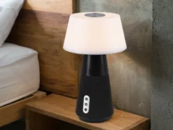 LED Tischleuchte LINDE mit Lautsprecher – mobile Akku Lampe, Höhe 28cm