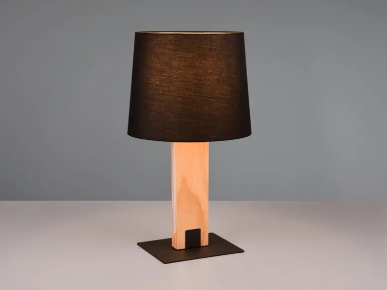 LED Tischleuchte mit beleuchtetem Holzfuß und Stoffschirm, Höhe 50cm