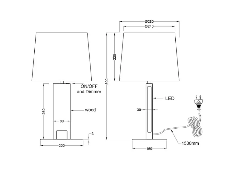 LED Tischleuchte mit beleuchtetem Holzfuß und Stoffschirm, Höhe 50cm