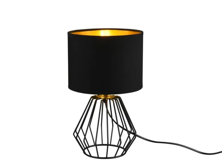 LED Tischleuchte mit Gitterkorpus und Stoffschirm in Schwarz/Gold, Höhe 34cm