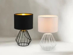LED Tischleuchte mit Gitterkorpus und Stoffschirm in Schwarz/Gold, Höhe 34cm