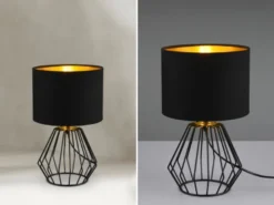 LED Tischleuchte mit Gitterkorpus und Stoffschirm in Schwarz/Gold, Höhe 34cm