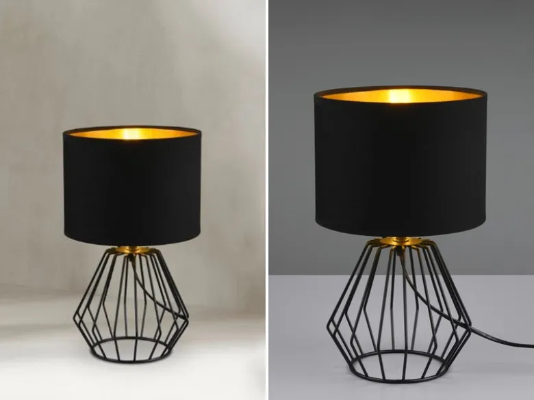 LED Tischleuchte mit Gitterkorpus und Stoffschirm in Schwarz/Gold, Höhe 34cm
