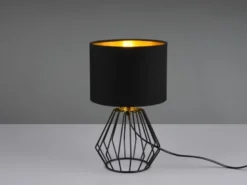 LED Tischleuchte mit Gitterkorpus und Stoffschirm in Schwarz/Gold, Höhe 34cm