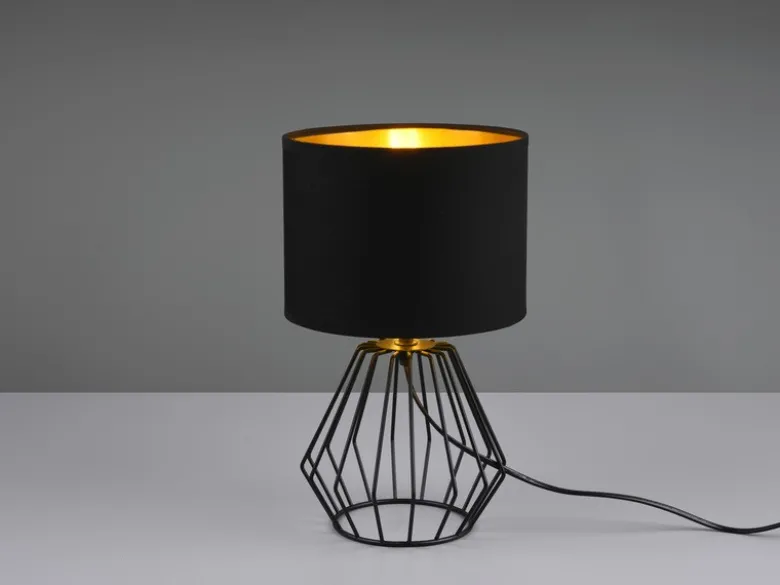 LED Tischleuchte mit Gitterkorpus und Stoffschirm in Schwarz/Gold, Höhe 34cm