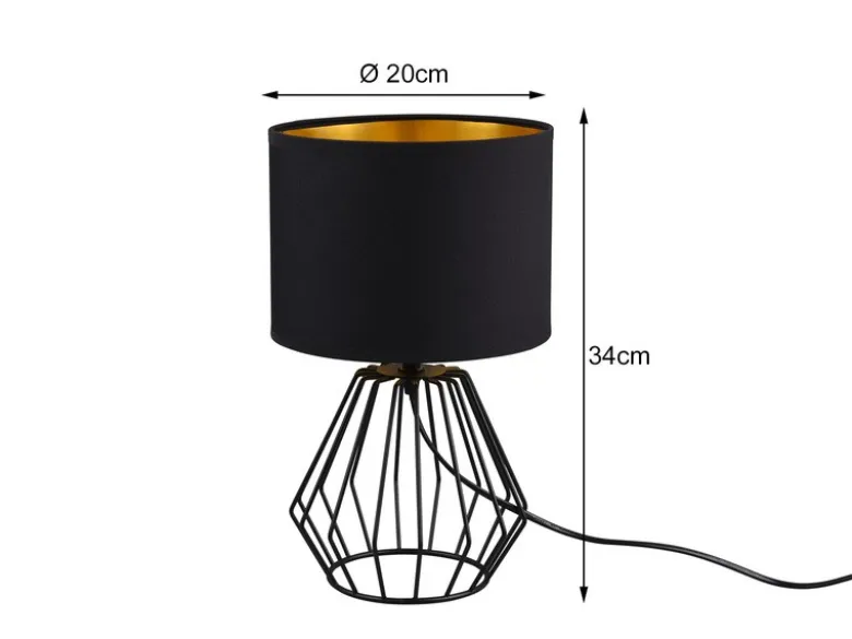 LED Tischleuchte mit Gitterkorpus und Stoffschirm in Schwarz/Gold, Höhe 34cm